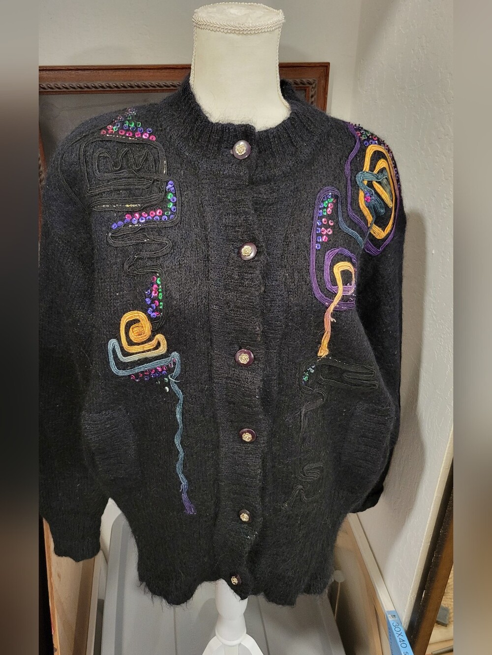 Mohair Cardigan Black VINTAGE Bright Ribbon embroidery lined Pockets Collar L